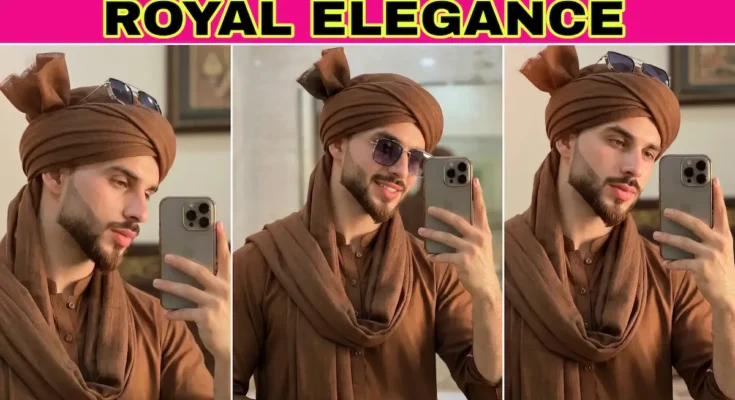 Traditional Turban Outfit Mirror Selfie with Iphone for Men